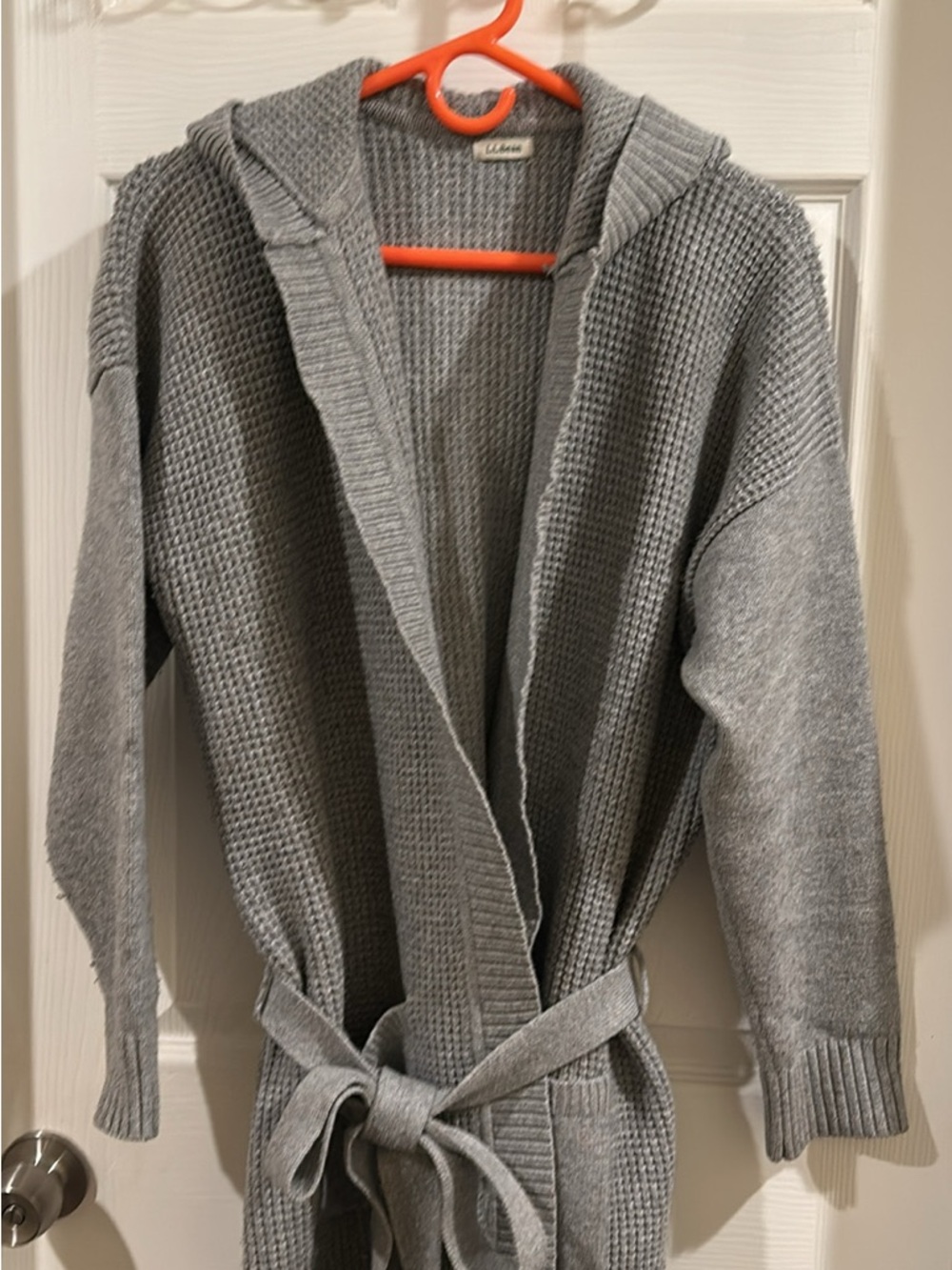 L.L. Bean Light Gray Hooded Knit Cardigan with Self-Tie